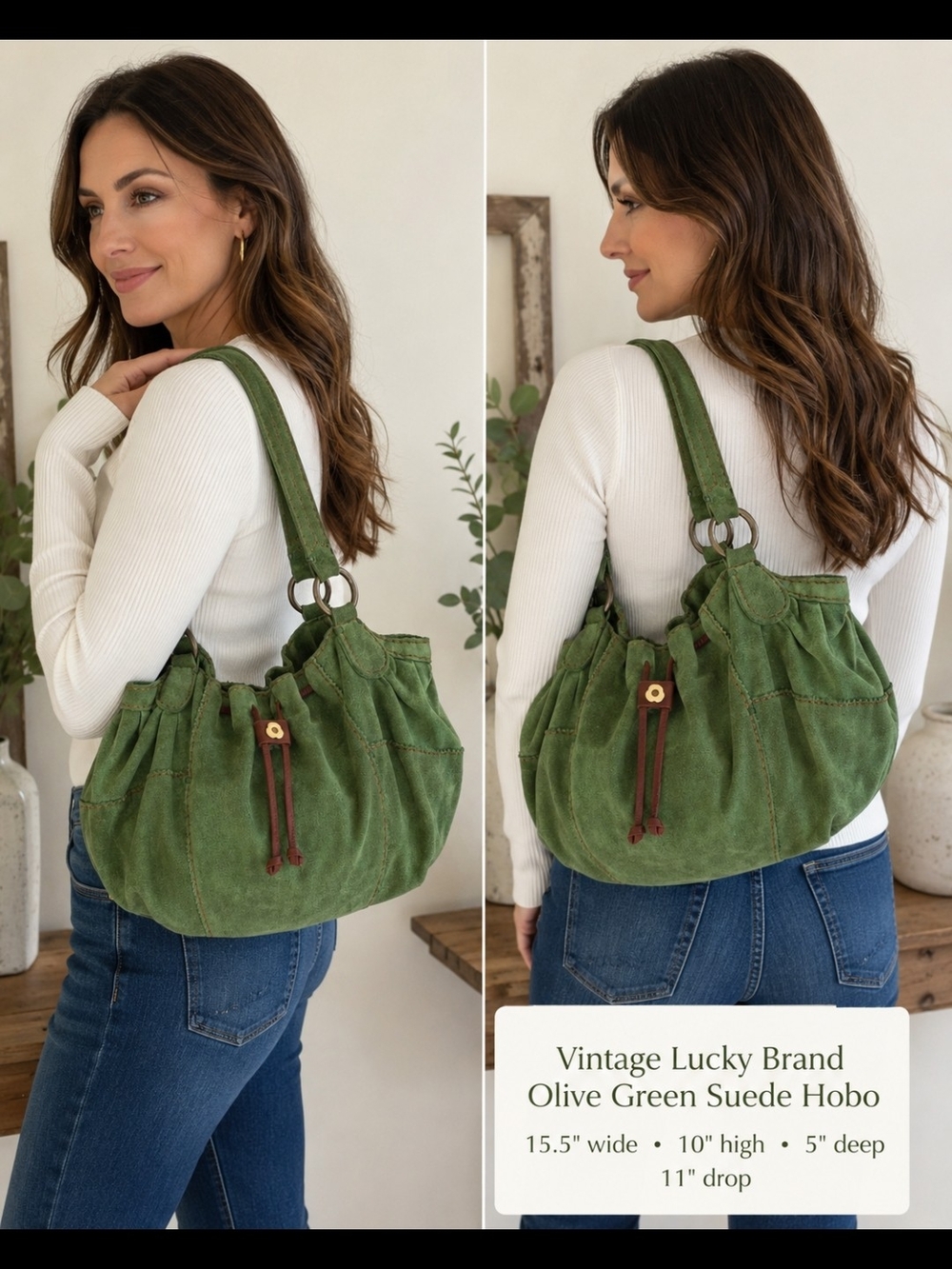 Vintage Lucky Brand Olive Green Suede Hobo Bag Floral Lining - Picture 14 of 14